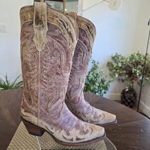 EUC Corral Two-Tone Distressed Leather Western Boots - Rose & Tan 6.5 M